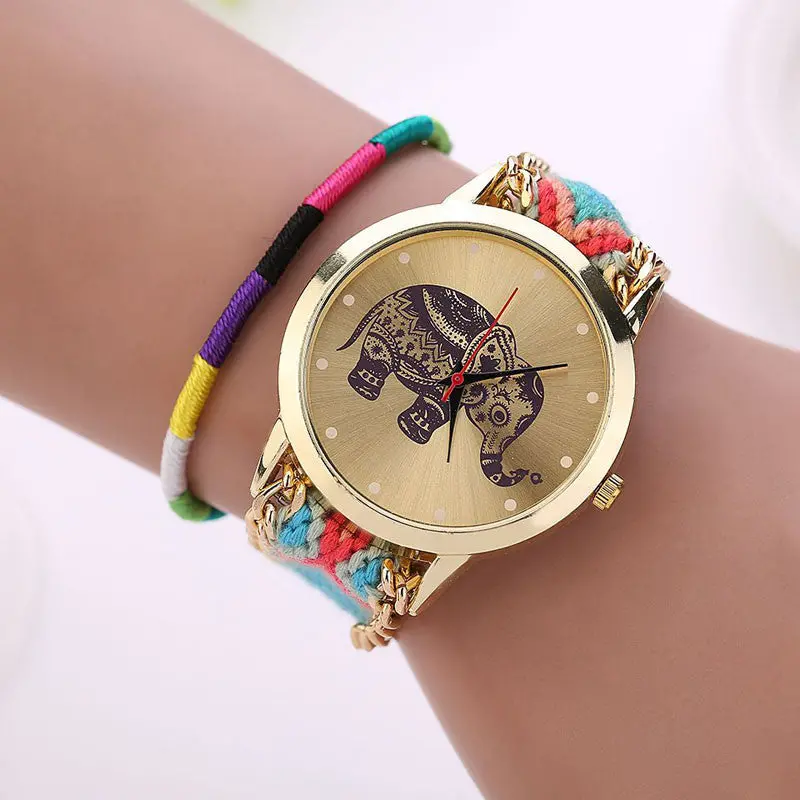 Women Girl Handmade Weaved Braided Elephant Bracelet Watch Dial Ladies Quarzt Watch Montre Relojes Mujer 3