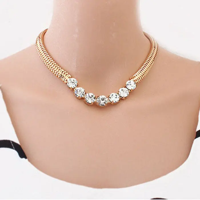 Women Girl Jewelry Gold Thick Chain Street Snap Lady Shiny Rhinestones Statement Necklace Teast 1