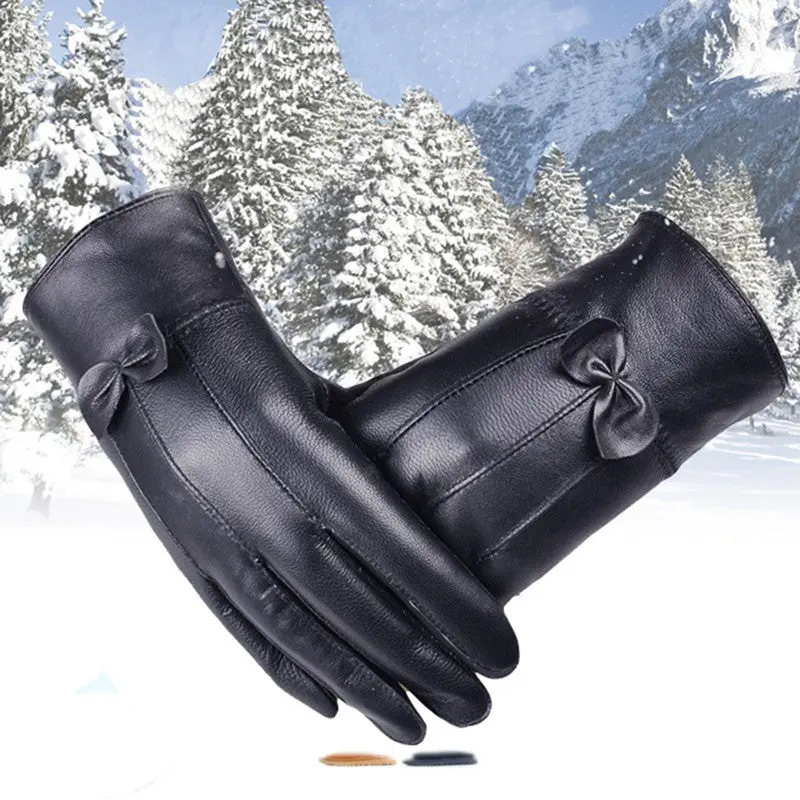 Women Girl Luxurious Gloves Leather Super Warm Gloves Cashmere Bow Warm And Elegant Mittens 1