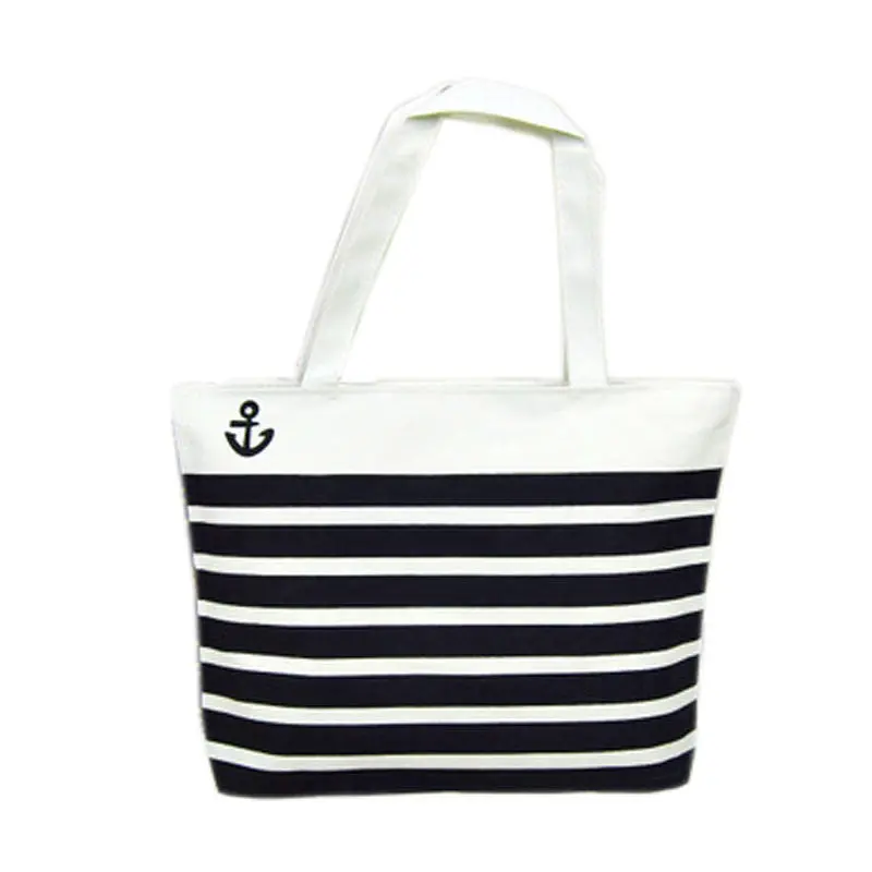 Women Girl Portable Stripe Canvas Black Anchor Pattern Shopping Shoulder Bags Women Hbag Beach Lunch Box Tote 2