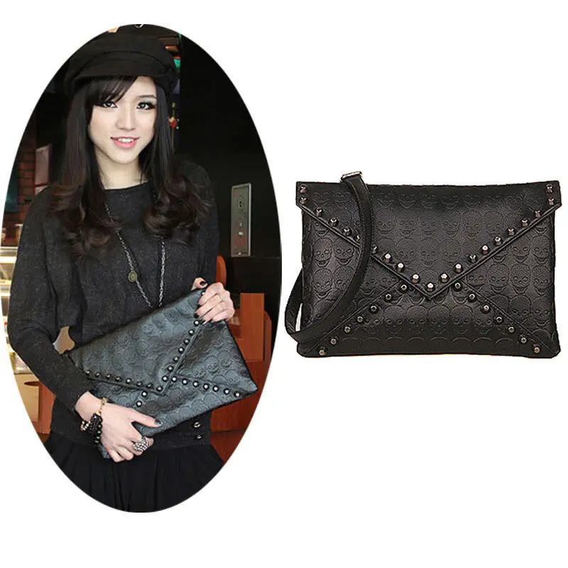 Women Girl Skull Rivets Envelope Design Leather Crossbody Handbag Casual Satchel Messenger Bag 2