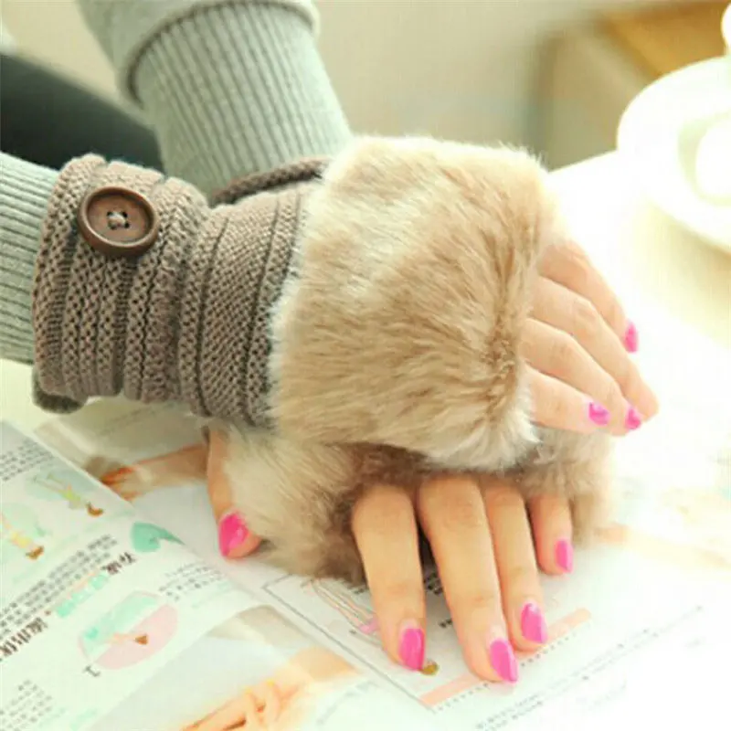 Women Girl Warm Faux Rabbit Fur Wrist Fingerless Gloves Mittens White Gloves Cold Feida 1