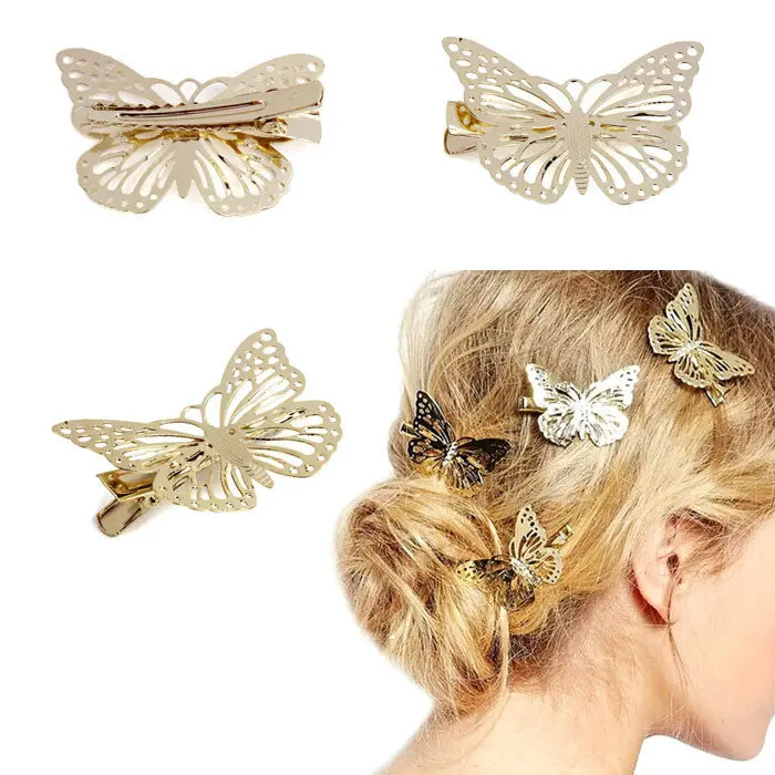 Women Girls Headwear Pretty Golden Hollow Out Bow Butterfly Hair Clips Hair Accessorie Cute Lady Hair Pins 1