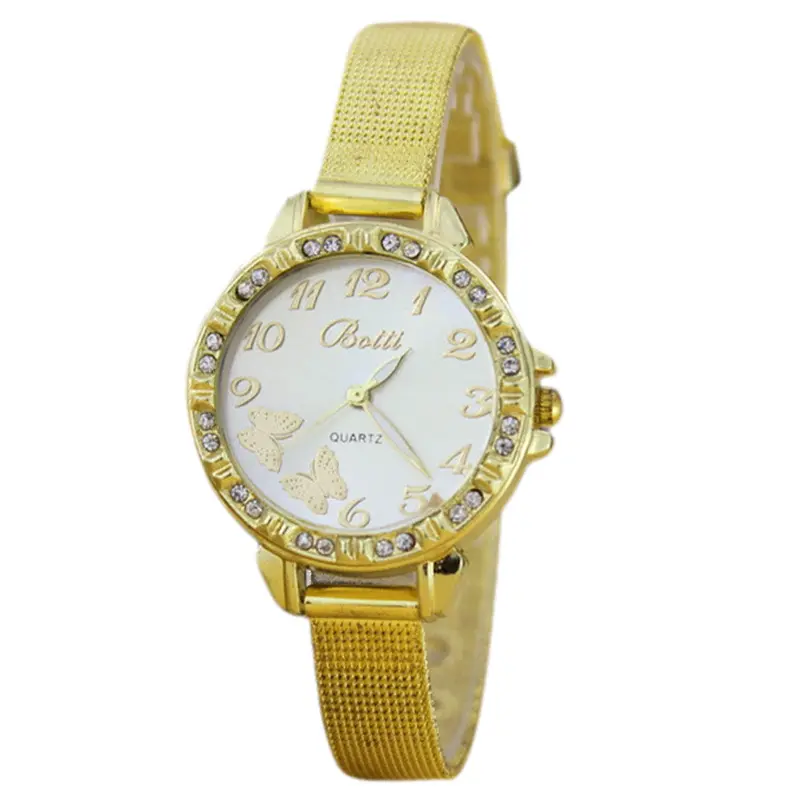 Women Gold Fine Belt Diamond Watch Butterfly Pattern Alloy Quartz Wrist Watch Dress Relogio Feminino Feida 1