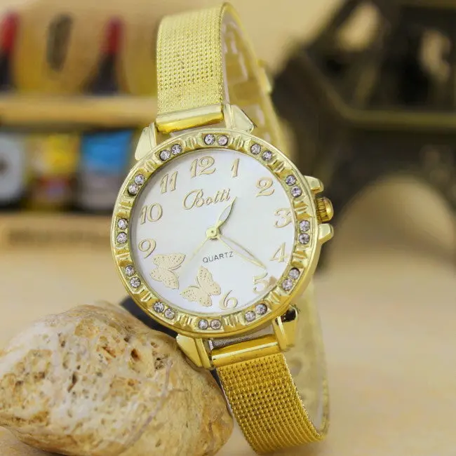 Women Gold Fine Belt Diamond Watch Butterfly Pattern Alloy Quartz Wrist Watch Dress Relogio Feminino Feida 2