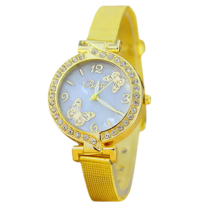 Women Gold Fine Belt Diamond Watch Butterfly Pattern Alloy Quartz Wrist Watch Famous Clock Feida 1
