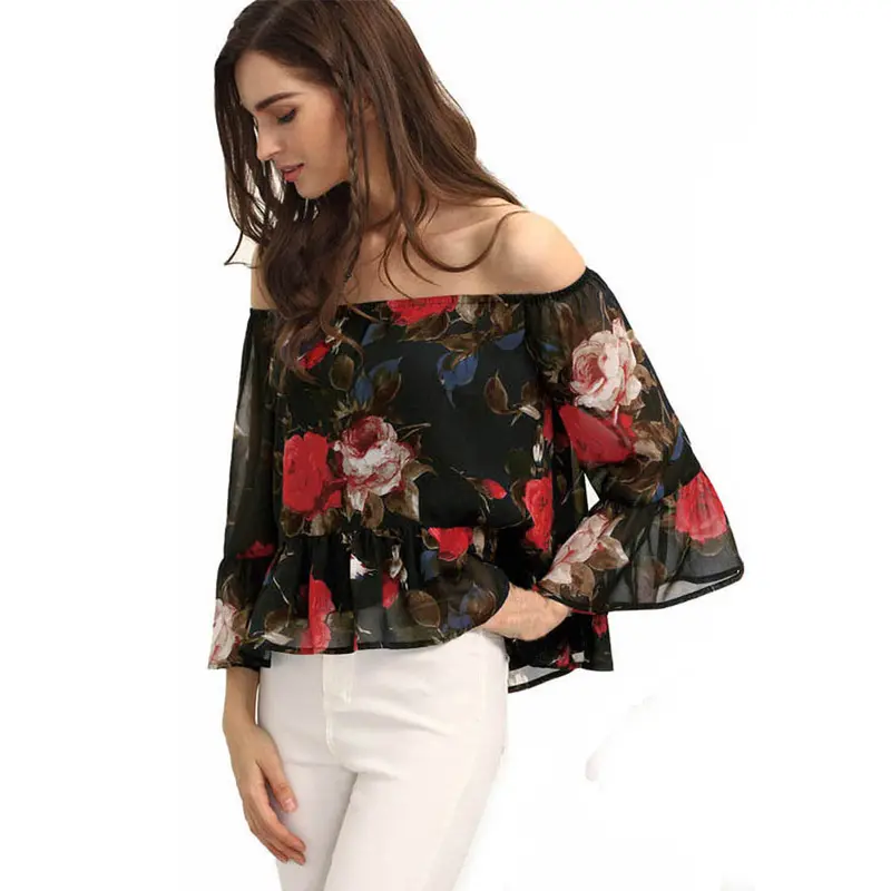 Women Half Sleeve Chiffon Blusa Off Shoulder Floral Sexy Tshirt Blusas Femeninas Plus Size Vest Tops Camisa 1