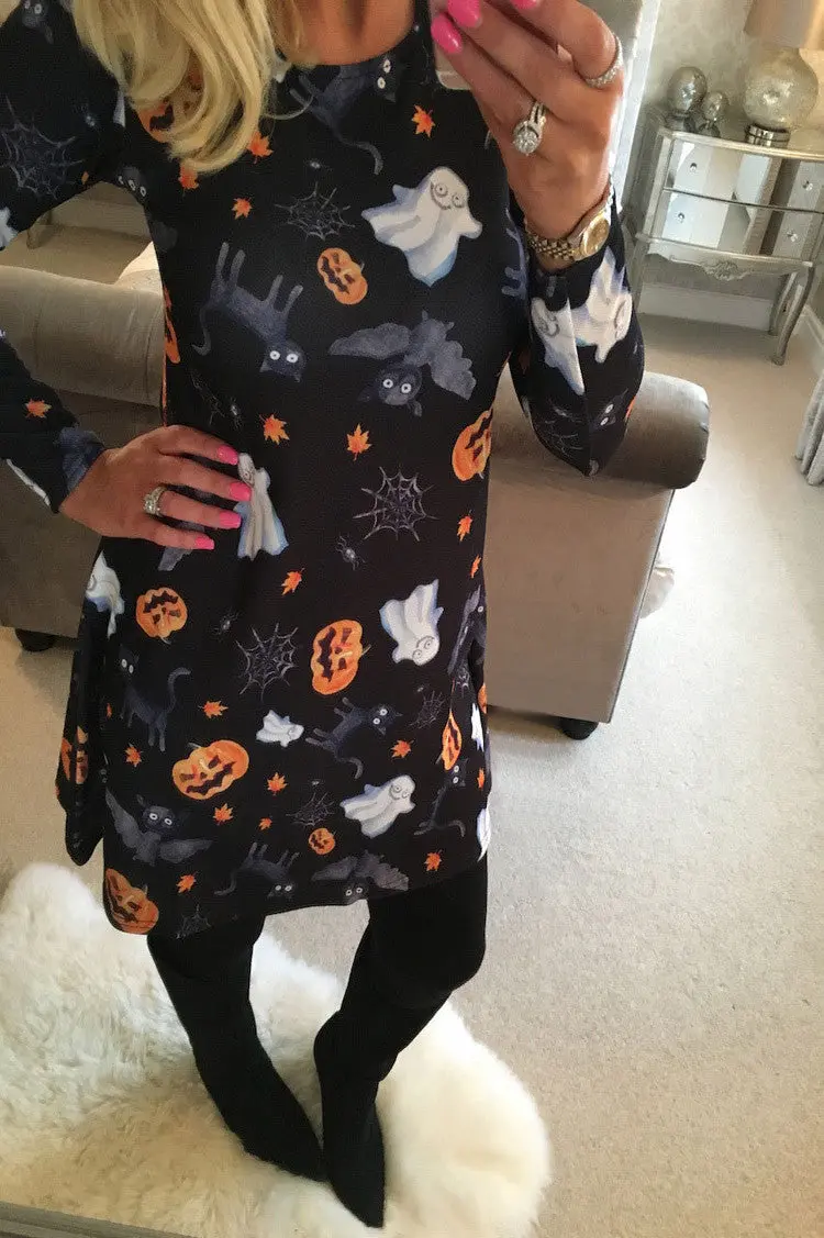 Women Halloween Pumpkin Skull Print Long Sleeve Party Swing Mini Dress Black Dress Fast Shipping Feida 1