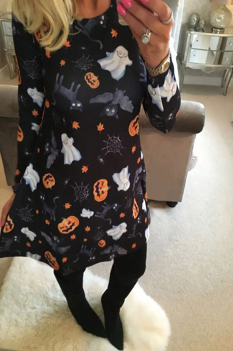 Women Halloween Pumpkin Skull Print Long Sleeve Party Swing Mini Dress Black Dress Fast Shipping Feida 2
