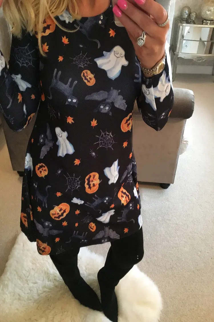 Women Halloween Pumpkin Skull Print Long Sleeve Party Swing Mini Dress Black Dress Fast Shipping Feida 3