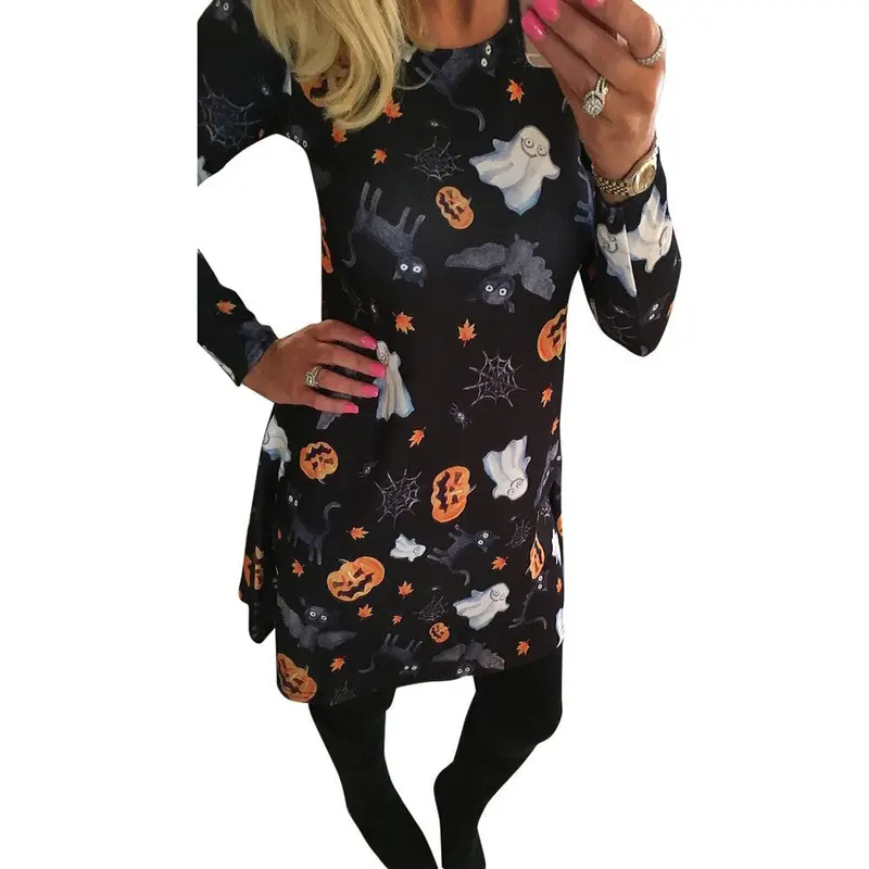 Women Halloween Pumpkin Skull Print Long Sleeve Party Swing Mini Dress Black Dress Fast Shipping Feida 4