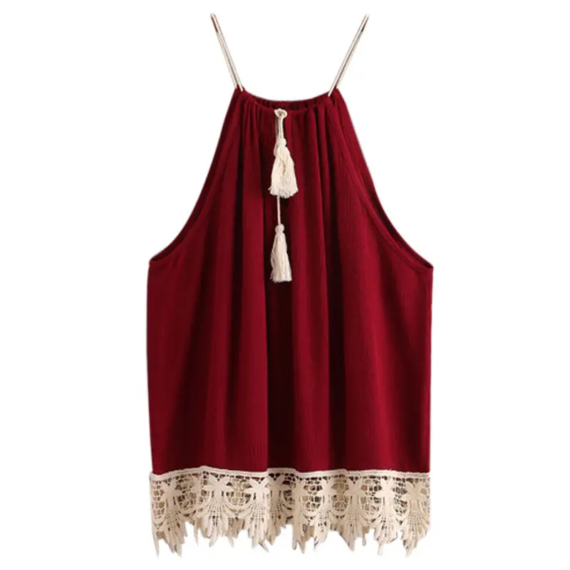 Women Halter Neck Tops Sexy Women Lace Trimmed Tasselled Drawstring Tank Tops Boho Crop Top 1