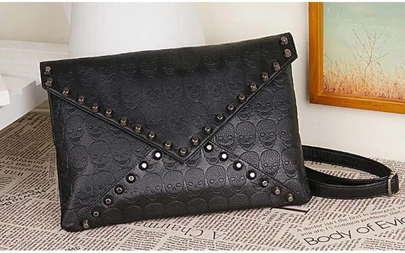 Women Handbag Skull Rivets Envelope Design Pu Leather Crossbody Handbag Tote Bags Purse 2