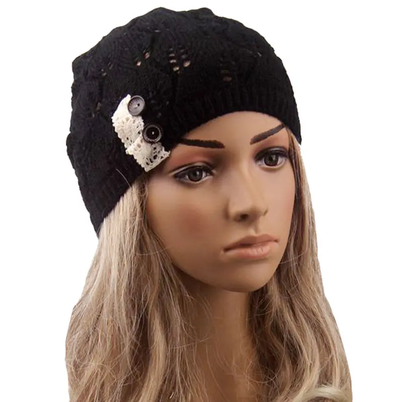 Women Hat Leaves Hollow Out Knitting Warm Cap Solid Hats 1