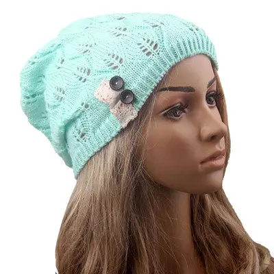 Women Hat Leaves Hollow Out Knitting Warm Cap Solid Hats 2