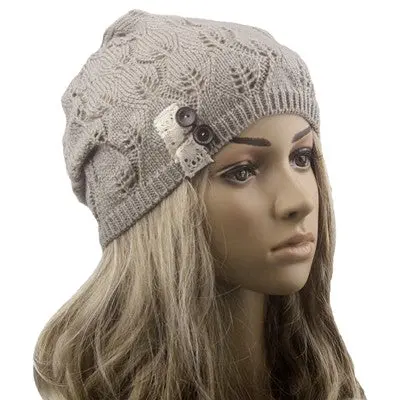 Women Hat Leaves Hollow Out Knitting Warm Cap Solid Hats 3