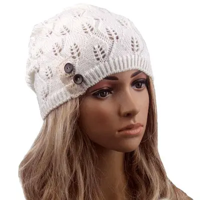 Women Hat Leaves Hollow Out Knitting Warm Cap Solid Hats 4