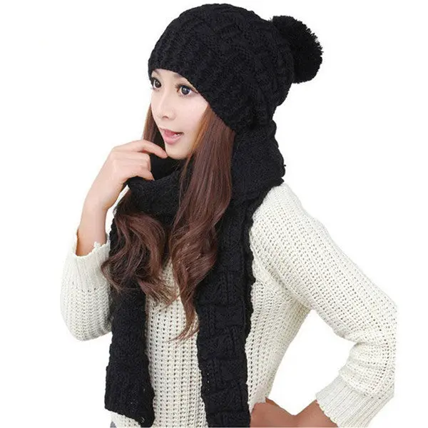 Women Hats Crochet Skullies Beanies Warm Woolen Scarf Cap Hat Suit Rabbit Fur Pompons Ear Protect Caps Knitted 1
