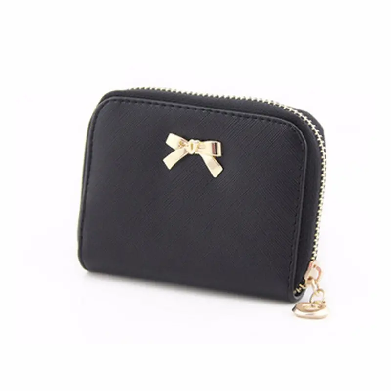 Women Hbag Bowknot Leather Zipper Coin Purse Lady Walletes Wearable Short Clutch Wallet Bag 1