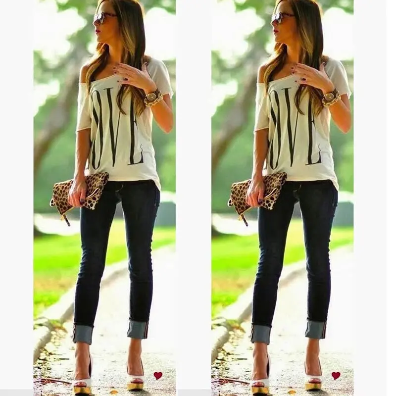 Women High Casual Love Letter Print Short Sleeve Top T-Shirts 1