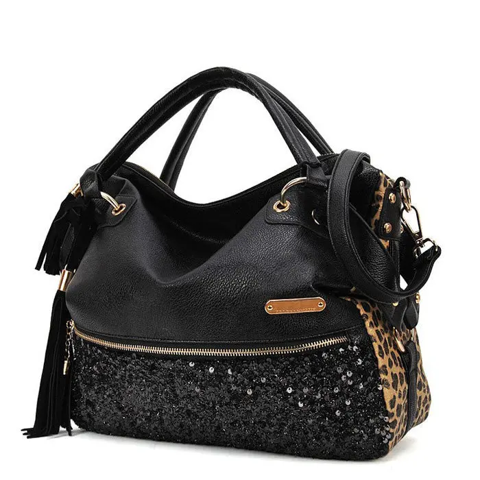 Women Hobo Bling Sequin Leopard Tassels Decor Hbag Messenger Bag With Shoulder Straptobetter 1