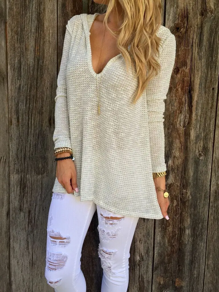 Women Hooded Solid T Shirt Casual Long Sleeve Womens Long Sleeve Loose Tops Knitted T-Shirts M0183 1