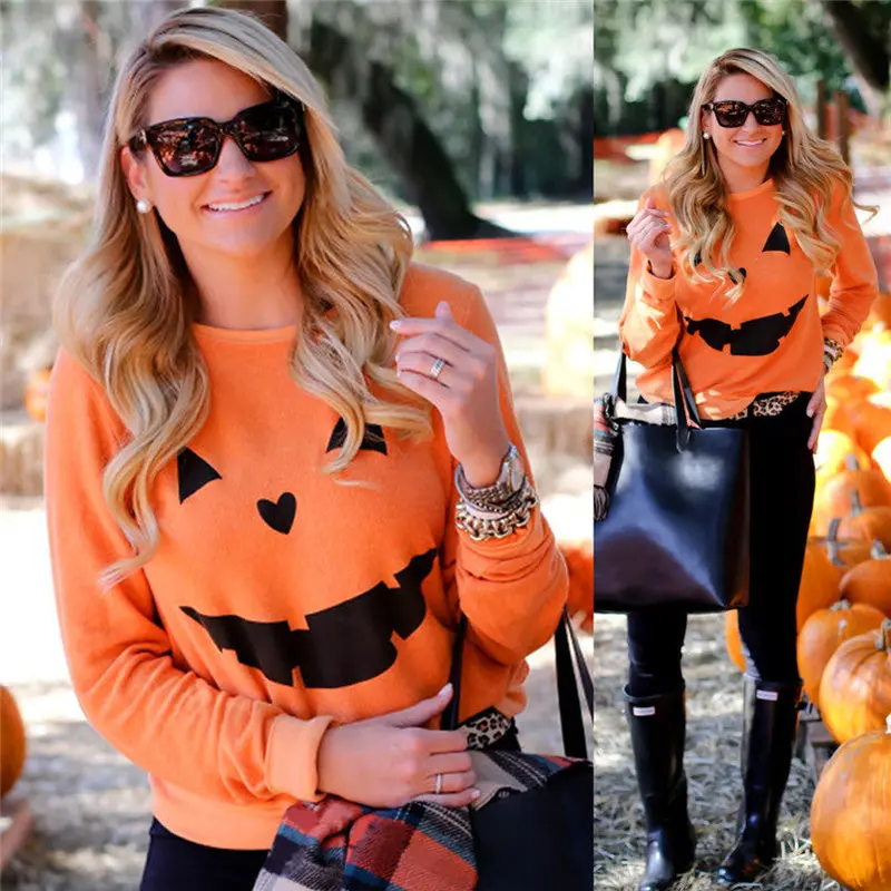 Women Hoodie Sweatshirt Harajuku Halloween Pumpkin Print Long Sleeve Sweatshirt Pullover Tops Shirt Sweatshirt Feida 2