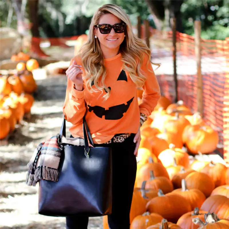 Women Hoodie Sweatshirt Harajuku Halloween Pumpkin Print Long Sleeve Sweatshirt Pullover Tops Shirt Sweatshirt Feida 4