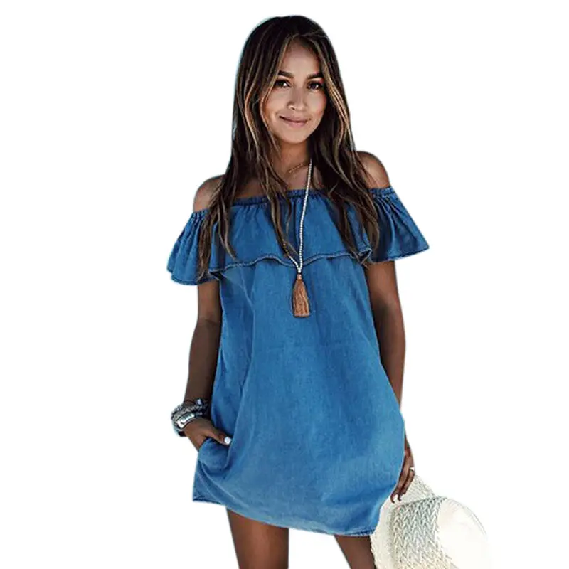 Women Imitate Denim Dress Slim Big Size Jeans Dress For Women Off Shoulder Sexy Vestidos Party Short Mini Dress 3