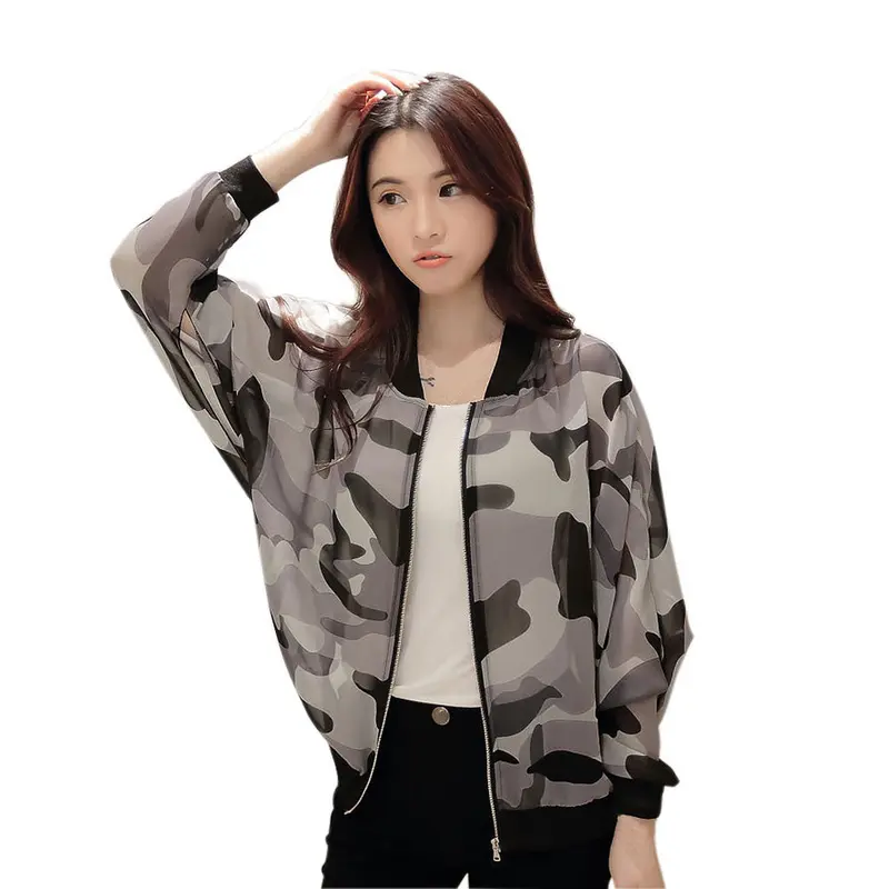 Women Jacket Coat St Collar Long Sleeve Zipper Camouflage Printed Bomber Jacket Causal Coat 1