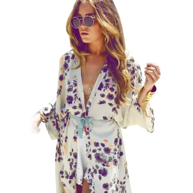 Women Jacket Coat Womens Half Sleeve Floral Printed Chiffon Kimono Cardigan Coat Tops Blouse Cover Up 1