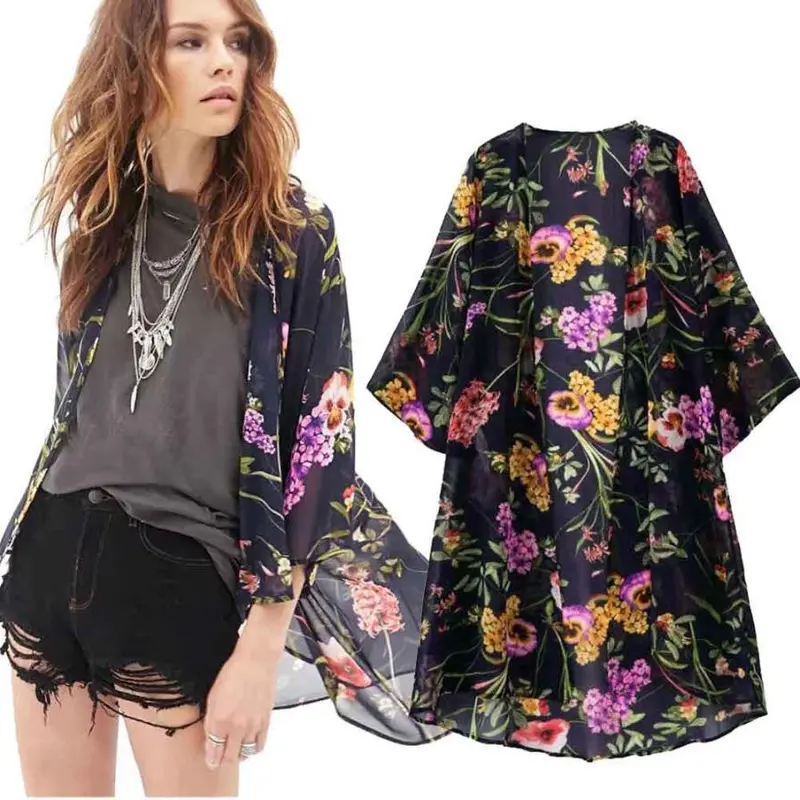 Women Kimono Cardigan Coatchiffon Floral Printed Jacket Tops Outwear Cover Up Blouse Vestideo 1