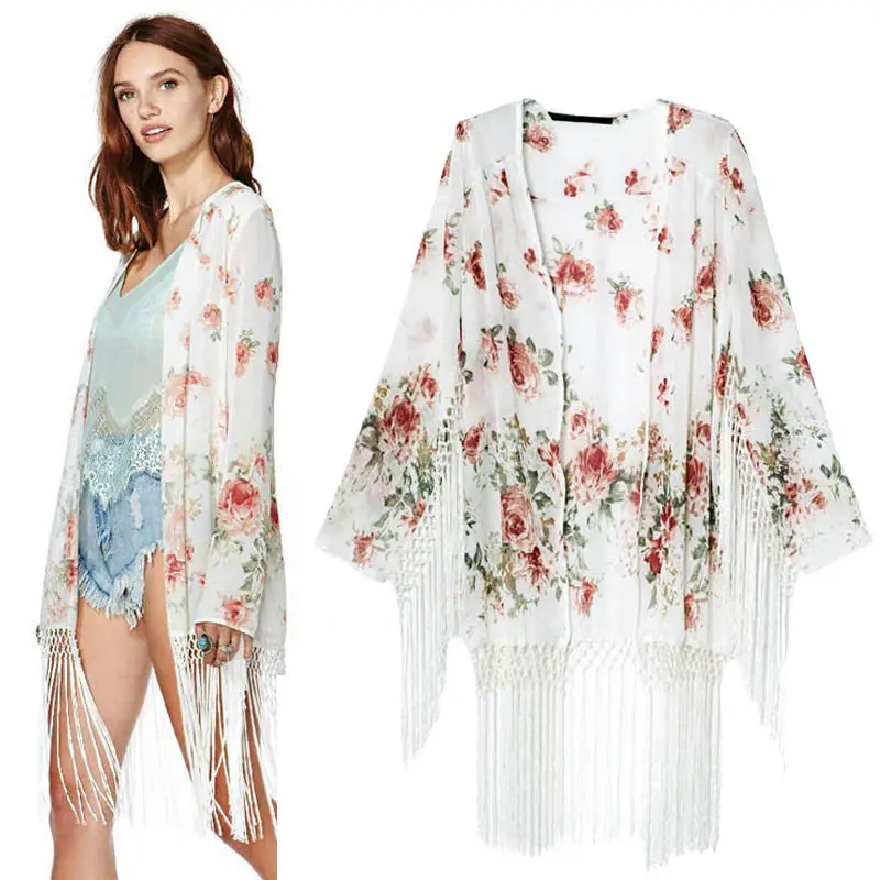 Women Kimono Floral Print Loose Chiffon Cardigan Shawl Regular Jacket Top Mujer Ropa Camisas Femininas 1