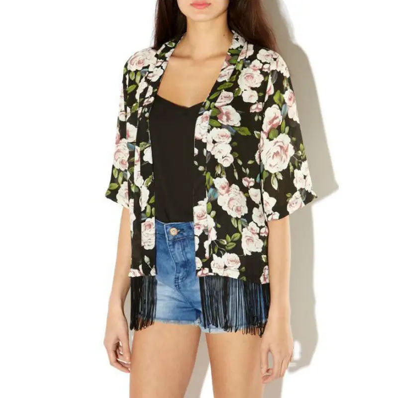 Women Kimono Floral Printed Chiffon Cardigan Tassel Regular Jacket Top Mujer Ropa Camisas Femininas 1