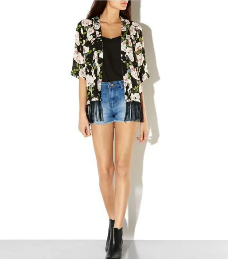 Women Kimono Floral Printed Chiffon Cardigan Tassel Regular Jacket Top Mujer Ropa Camisas Femininas 2
