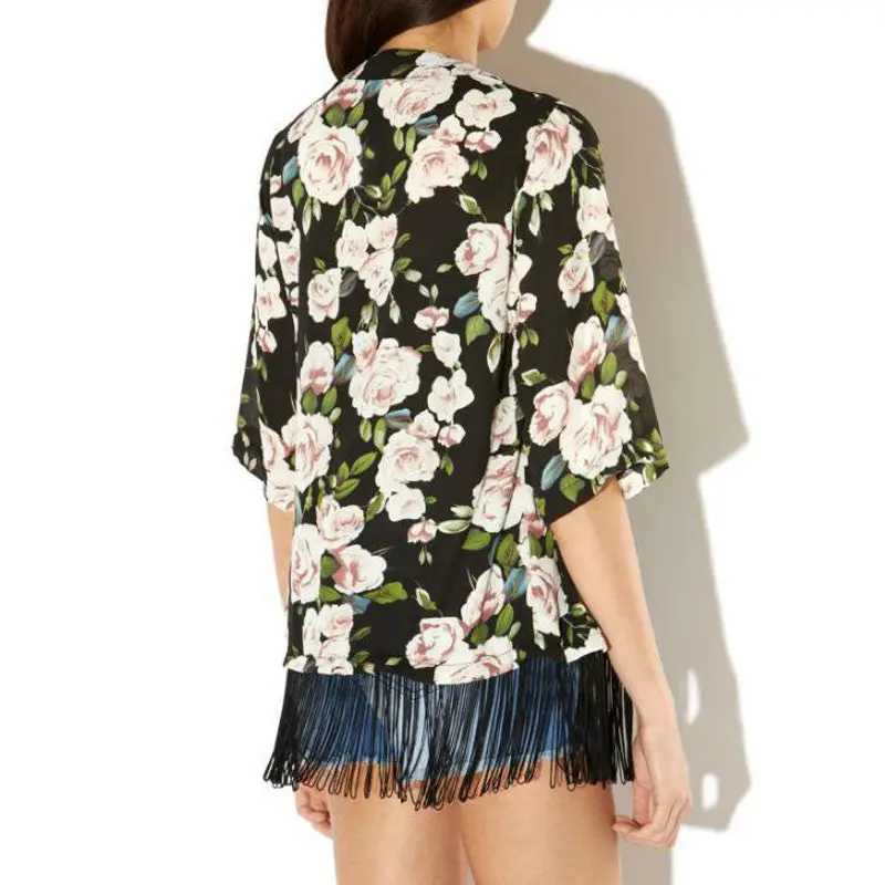 Women Kimono Floral Printed Chiffon Cardigan Tassel Regular Jacket Top Mujer Ropa Camisas Femininas 3