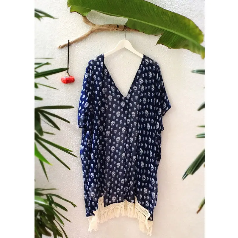 Women Kimono Vintage Printe Cardigan Loose Batwing Sleeve Top Blouses Chiffon Skull Print Tassel Blouses1stl 3