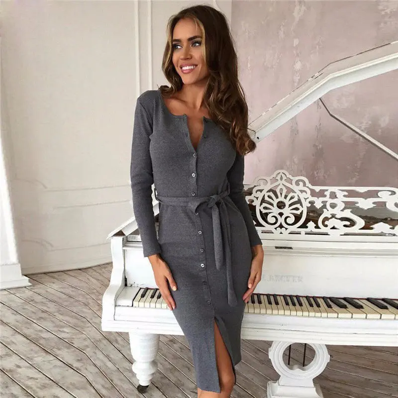 Women Knitted Dress Bodycon Knee-Length Dress Vintage Office Button Bandage Knitting Dresses Vestidos Gv358 6
