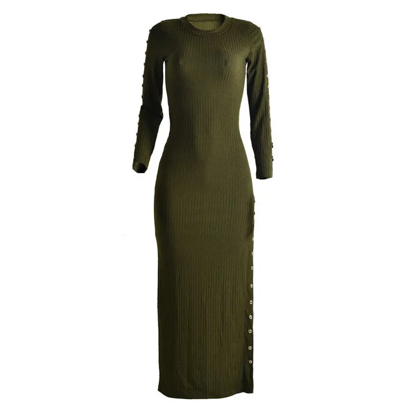 Women Knitted Sweater Dress Long Sleeve High Split Bodycon Dress Sexy Gold Button Vestido Longo Night Club Dresses 1