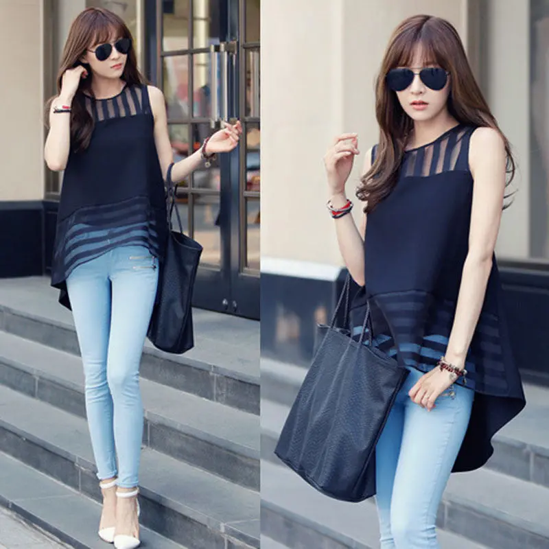 Women Korean Loose Causal Asymmetry Top Sleeveless Blouse Blusa Feminina 1