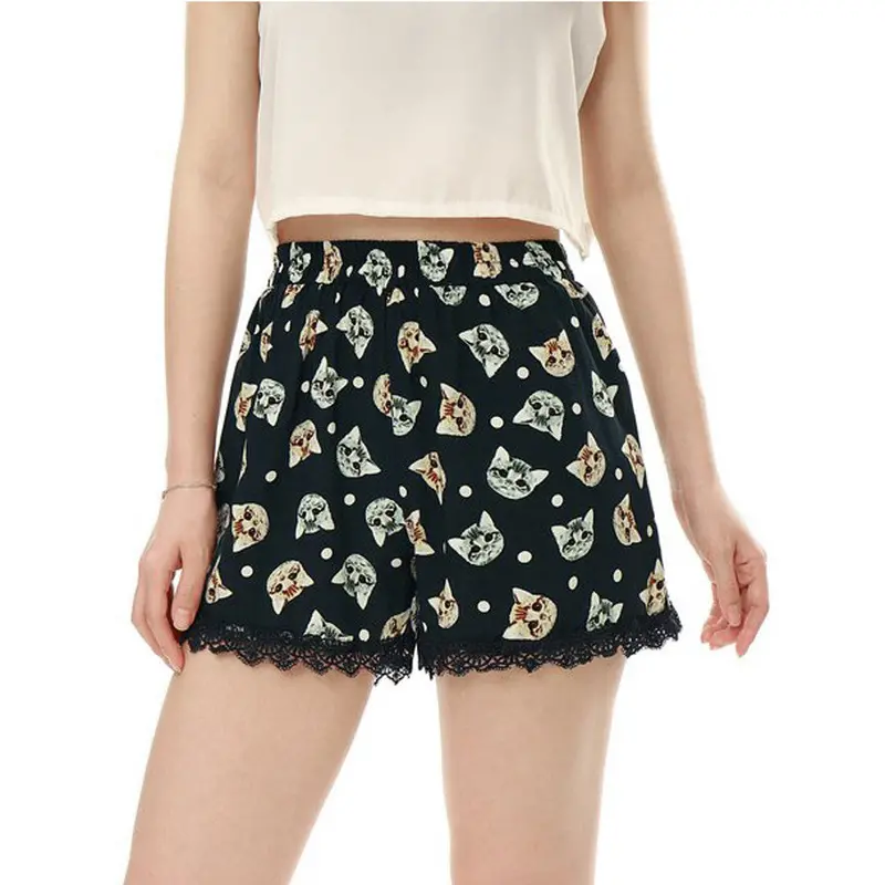 Women Korean Shorts Plus Size Casual High Waist Tassel Cat Printing Cute Girls Shorts 1