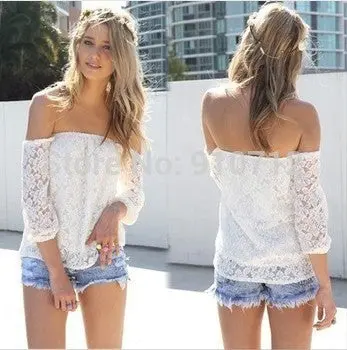 Women Lace Blouses Shirt Off Shoulder Slash Neck Ladies Lace Blusas Women Tops Sheer Floral Crochet Sexy Blouse 1