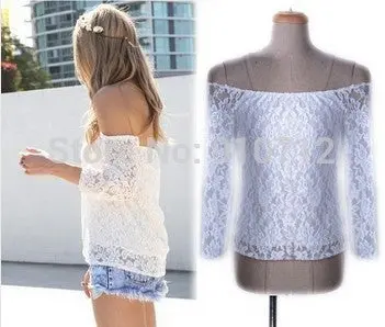 Women Lace Blouses Shirt Off Shoulder Slash Neck Ladies Lace Blusas Women Tops Sheer Floral Crochet Sexy Blouse 2