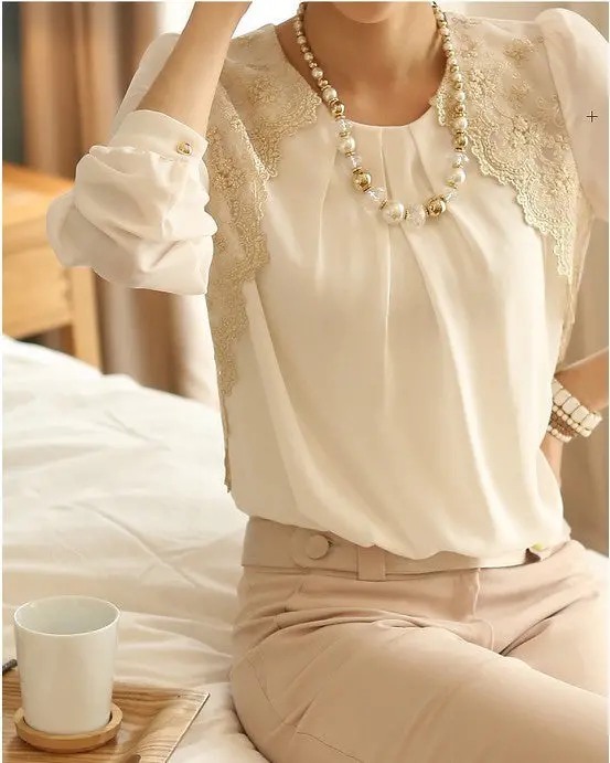 Women Lace Blouses Women Elegant Blouses Lady Embroidery Long-Sleeved Chiffon Shirts Lace Blusas Casual Basic Shirt E002 1