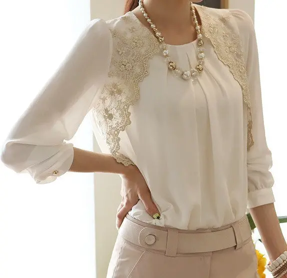 Women Lace Blouses Women Elegant Blouses Lady Embroidery Long-Sleeved Chiffon Shirts Lace Blusas Casual Basic Shirt E002 2