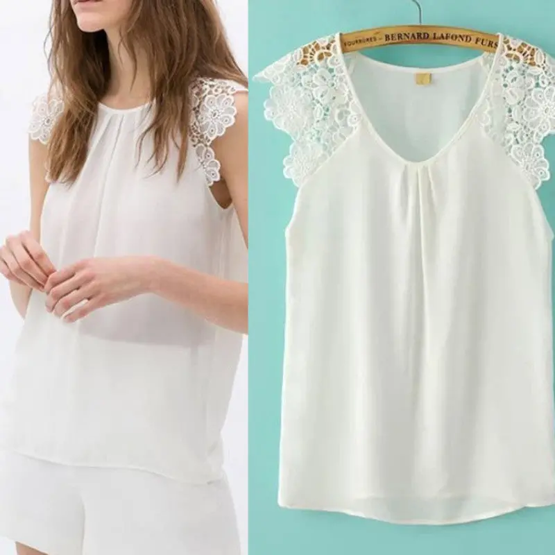 Women Lace Floral Hollow Splice Sleeveless Chiffon Blouses 2