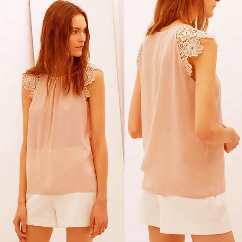 Women Lace Floral Hollow Splice Sleeveless Chiffon Blouses 4
