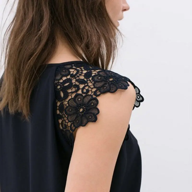 Women Lace Floral Hollow Splice Sleeveless Chiffon Blouses 5
