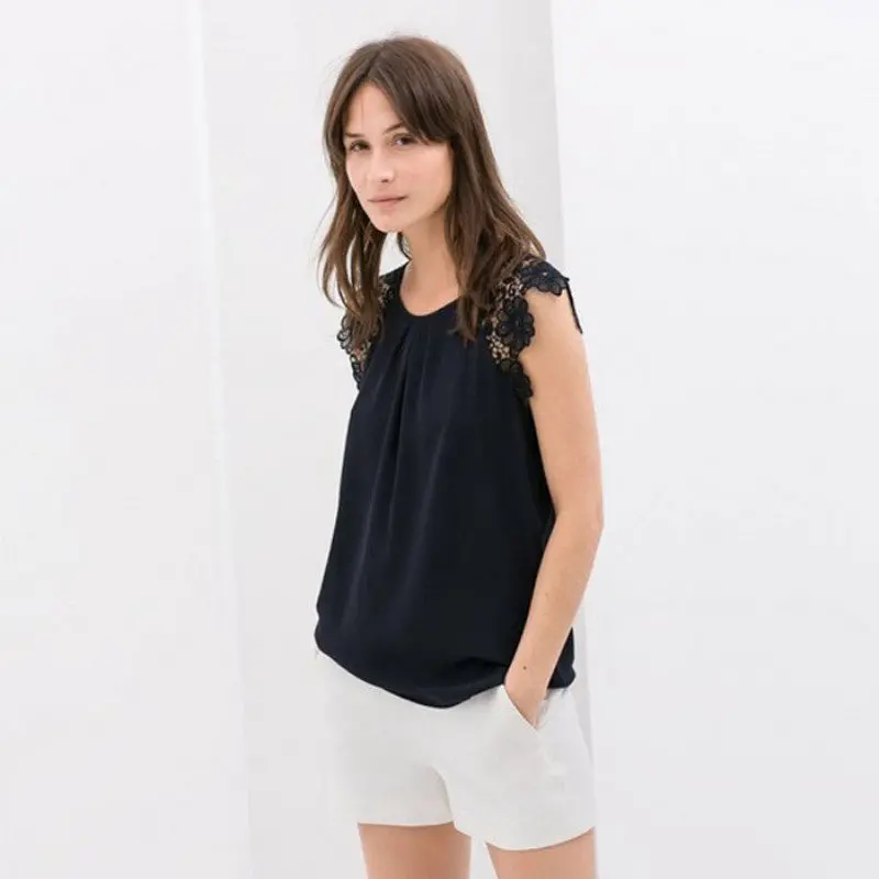 Women Lace Floral Hollow Splice Sleeveless Chiffon Blouses 6