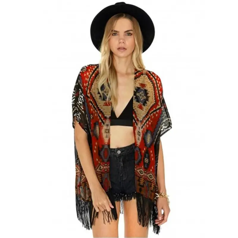 Women Lace Geometry Printed Tassel Chiffon Shawl Kimono Cardigan Tops Women Blouse Shirt Batwing Sleeve Blusas Femininas 1